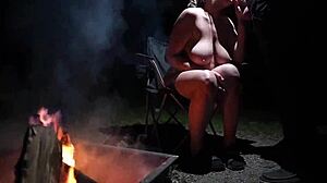 Curvy fat babe with big tits gets naked in nature for outdoor camping cock sucking