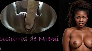 Black dildo handjob massage leads to shaved pussy orgasm, but sexy whispers reveal father-son taboo twist.