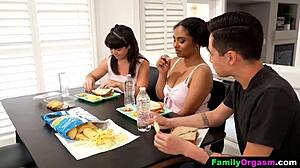 Teen sisters give their stepbrother a deepthroat blowjob in wild group fantasy