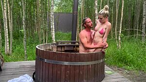 Come on, let's have outdoor sex in this hot bath, says the cute blonde taking my big cock.