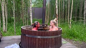 Come on, let's have outdoor sex in this hot bath, says the cute blonde taking my big cock.