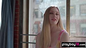 Hot blonde teen Emma Starletto stripping and fingering her pussy?