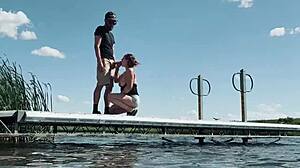 This couple almost gets caught fucking with big cock blowjob and natural tits outdoor at the lake