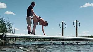 This couple almost gets caught fucking with big cock blowjob and natural tits outdoor at the lake