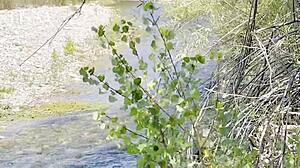 Couple walks outdoors for sex, interrupted, then blowjob and cum on ass