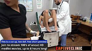 In the clinic, tanned nurse Aria Nicole uses toys and gloves for curly shaved orgasm play.