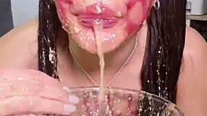 brunette with big ass eats junk food then pukes it all up in fetish solo.