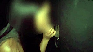 Wife rubbing black guy's cock on her pussy without condom in glory hole at swing house