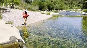 Couple walks outdoors for sex, interrupted, then blowjob and cum on ass