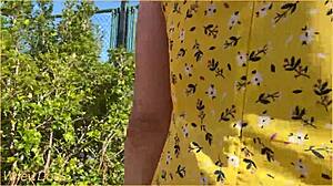 intriguing wifey steps out braless in cute summer dress flashing amazing blonde hair for public outdoor exhibitionist fun with homemade thrill