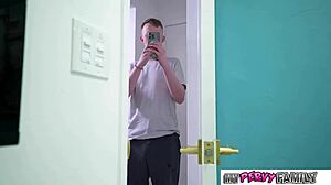 Hot ebony babe in black lingerie fingers her pussy at glory hole