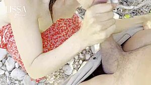 Couple walks outdoors for sex, interrupted, then blowjob and cum on ass