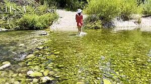 Couple walks outdoors for sex, interrupted, then blowjob and cum on ass