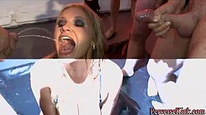 fetish slut swallows piss in intense interracial scene