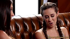 Busty lesbo milfs in stockings are fingering this lovely teen with group masturbation and big tits action.