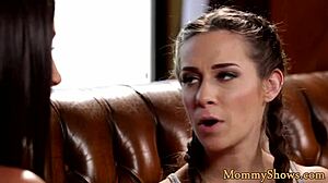 Busty lesbo milfs in stockings are fingering this lovely teen with group masturbation and big tits action.