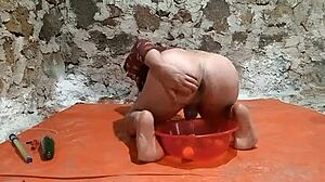 oh man this shemale is peeing in ass with cucumber stretching gaping fruit play and small 18+ cock!!