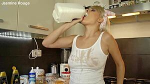 Blonde housewife loses control in kitchen