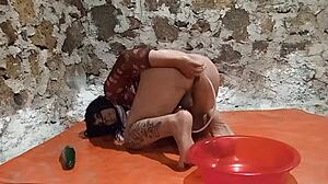 oh man this shemale is peeing in ass with cucumber stretching gaping fruit play and small 18+ cock!!