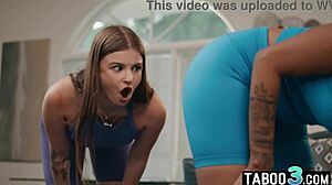 Lesbian teen Sky Wonderland works out with her ebony milf stepmother doing fingering and muff diving.