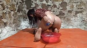 oh man this shemale is peeing in ass with cucumber stretching gaping fruit play and small 18+ cock!!