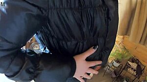 Milfycalla gets a lot of cum on her black down jacket and leather leggings in this taboo preview