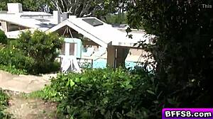 Sexy teen babes receive monster cock blowjobs and facials in forest foursome