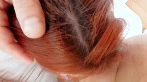 Teen redhead Aria Carson with soft white skin fucks and rims an older guy on the bed