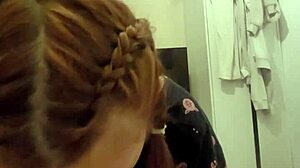 My redhead roommate grabbed my cock for a quick blowjob, spat cum back