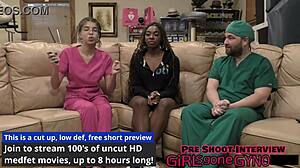 student interns giggle during backstage tickling and humiliation