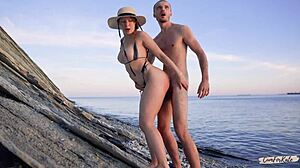 I feel so drawn to this young 18+ couple fucking on the beach with pov handjob cum on tits and big ass kissing.