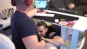 Naughty secretary sucks boss's cock on zoom, swallows cum in mouth