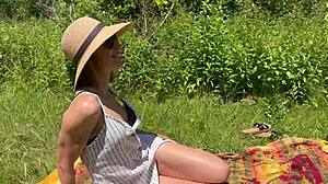 Wife in Dress Meets Husband's Friend Outdoors for Secret Encounter