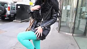 sexy girl pisses on construction site, flashes tits to workers