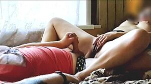 the cheating housewife pleasures her shaved pussy with handjob