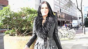 sexy girl pisses on construction site, flashes tits to workers