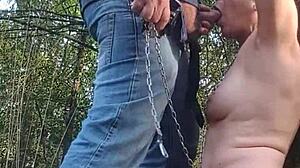 European whore bent over for blowjob and doggystyle in forest exhibition