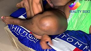 Oiled big ebony booty for sex dinner with muscular bodybuilder