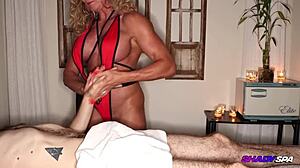 Fit wife jewels receives muscle bound milf massage at shady spa