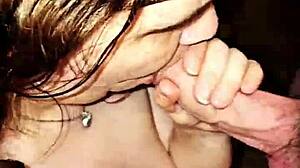 I give blowjob to big cock and he cums on my tits!