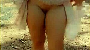 Wifey changes shirt outdoors, showing off her shaved pussy and tits