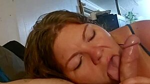 Casually, the couple enjoys a quick eagle blowjob with panties aside and cum in mouth.