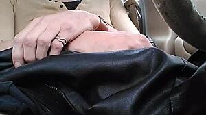 tranny slut cums from monster cock in public car leggings play