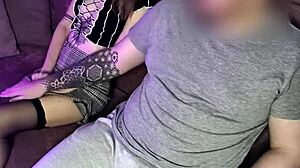 getting a sensual blowjob from cute brunette in stockings.