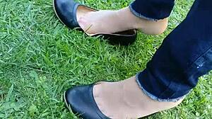 Shoeplay And Dipping In Tan Nylons And Flats