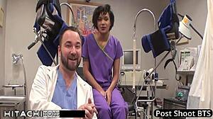 tanned brunette nurse jackie banes with short hair gives patient hitachi orgasm using toys in hospital setting