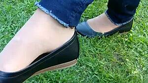 Shoeplay And Dipping In Tan Nylons And Flats