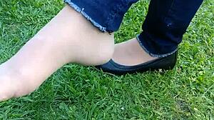 Shoeplay And Dipping In Tan Nylons And Flats