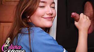 Teen Nurse in Lingerie and Costume Gives Gloryhole Therapy, Getting Cum Covered and Wet from Orgasm