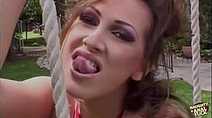 Amazing MILF in red stockings gets hardcore double penetration in foursome